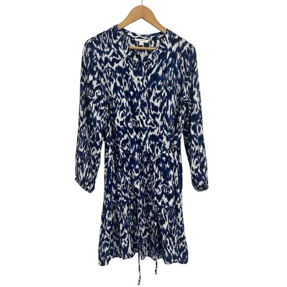 Beach Lunch Lounge Blue Black Abstract Print Long Sleeve Button Front Dress Snap - Picture 1 of 5